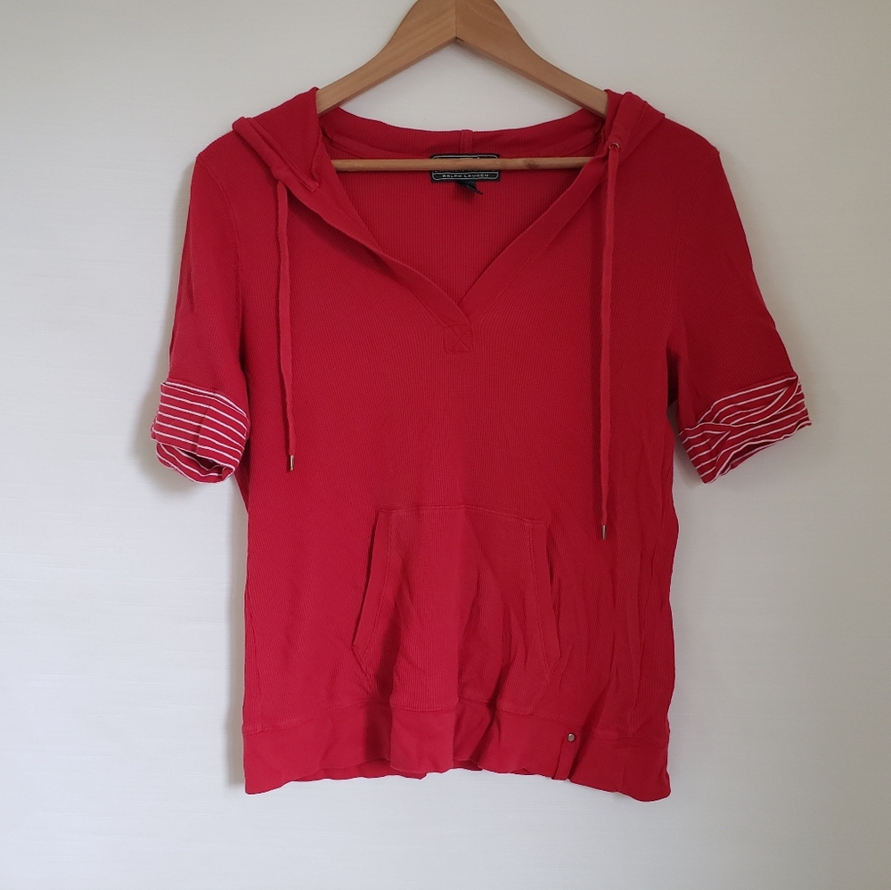 Red Short-Sleeve Hooded Summer Top with Stripe Cuffs LRL womens L